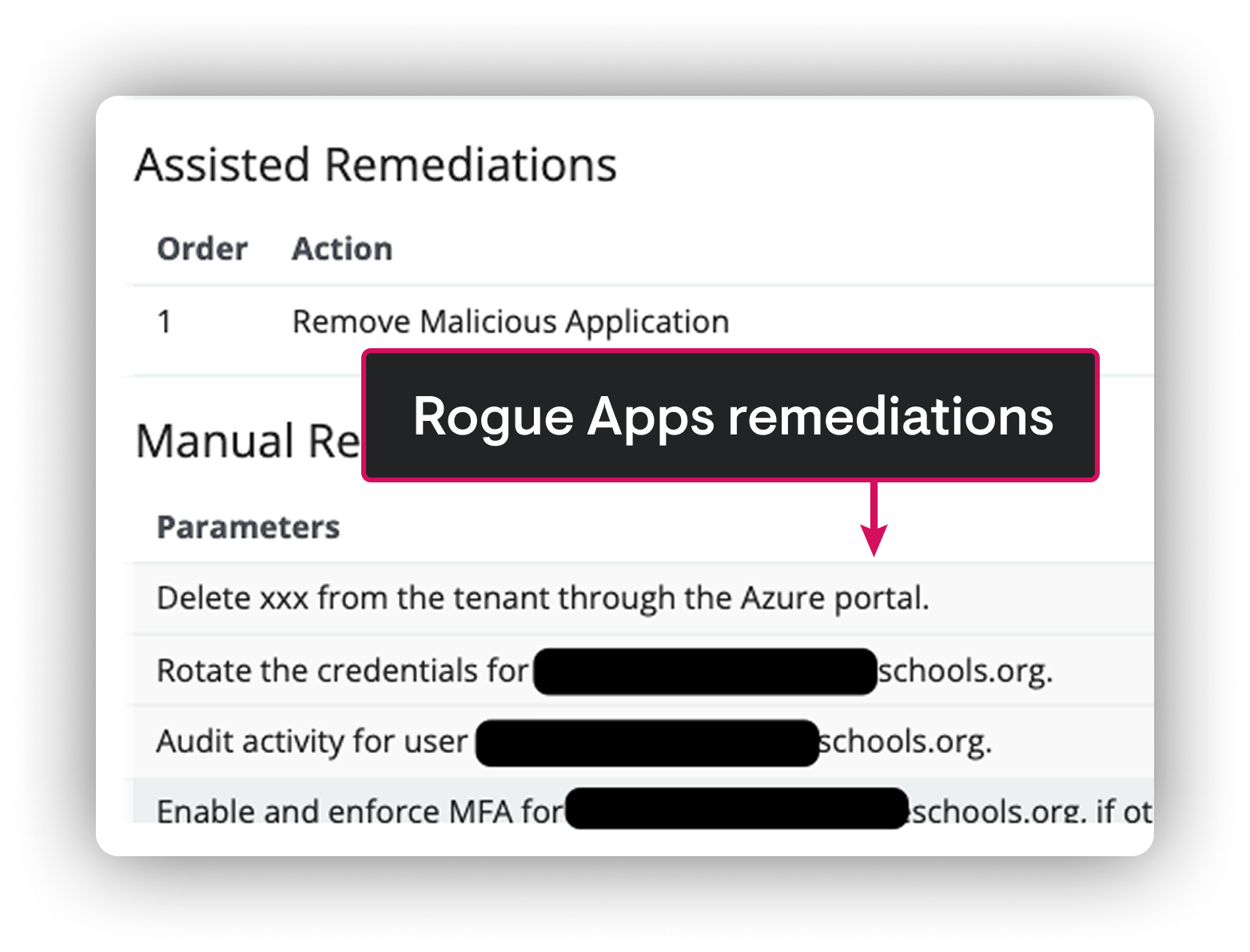 Annotated screenshot that says "Rogue Apps remediation"