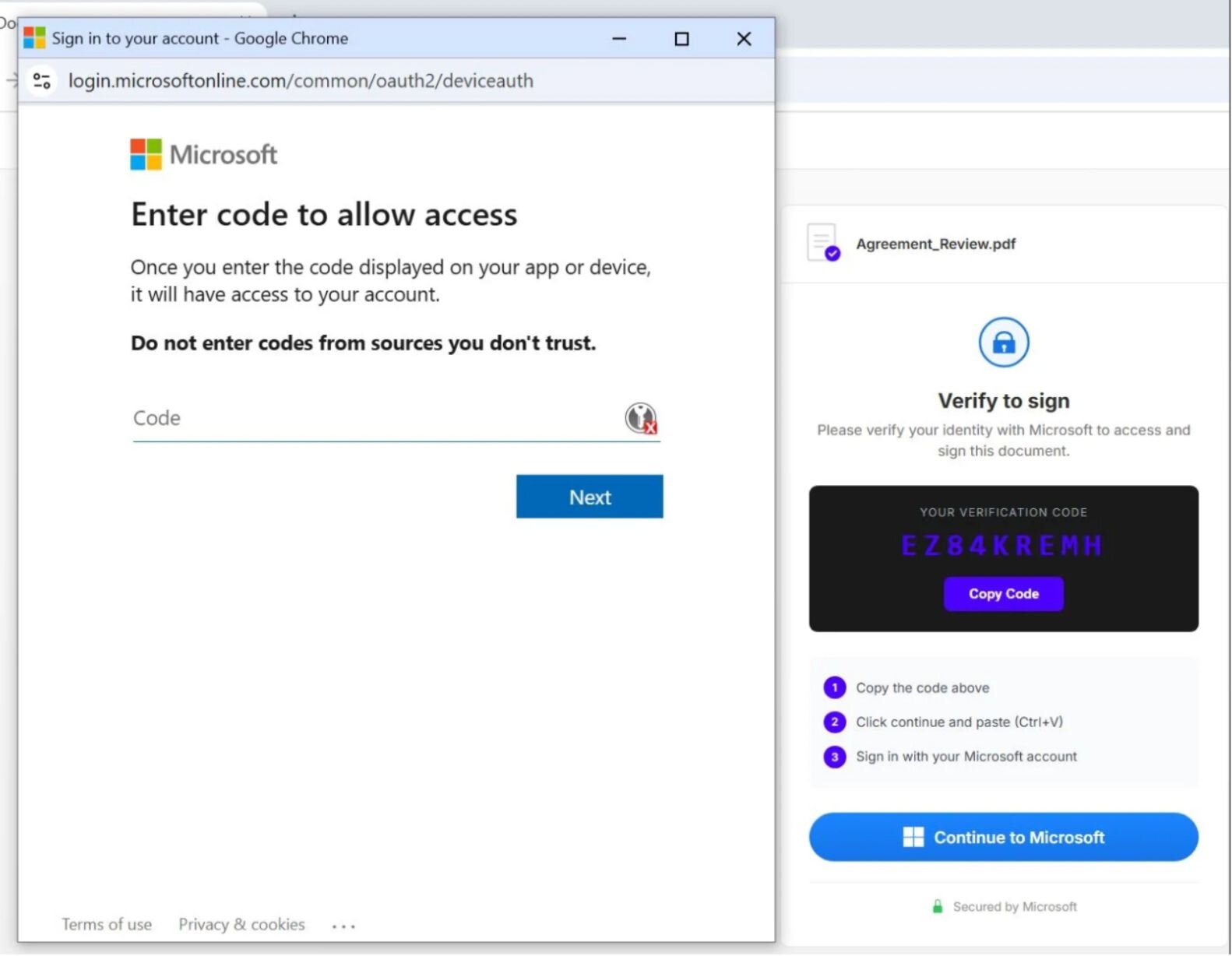 Example of a device code phishing lure